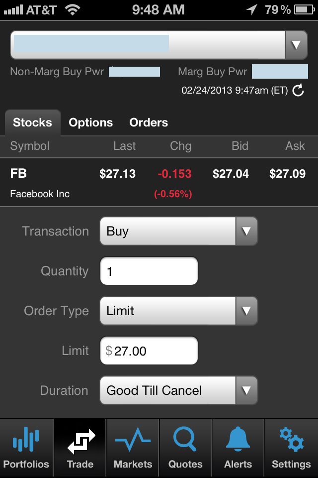 tradeking iphone app stock order entry menu